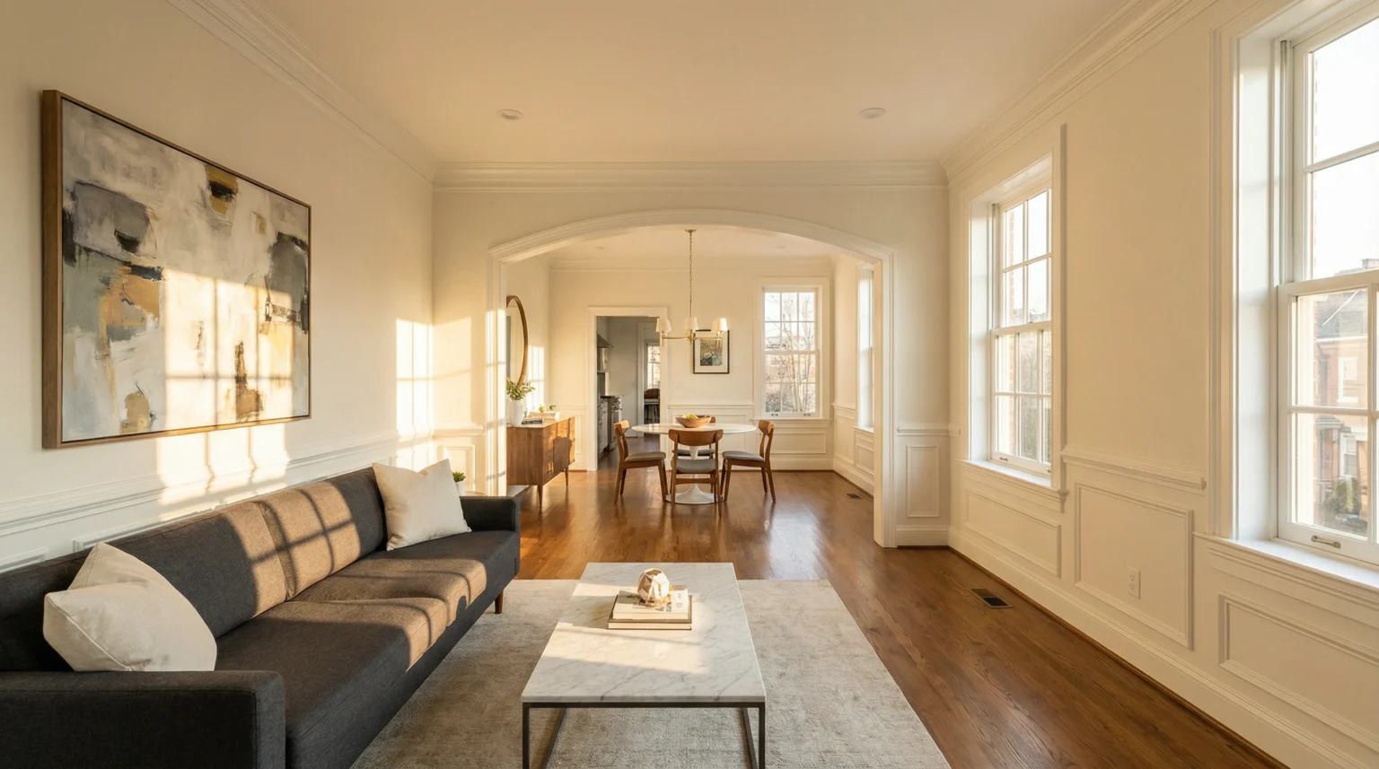 Luxury Washington DC living room with deep navy built-in bookshelves marble fireplace and
