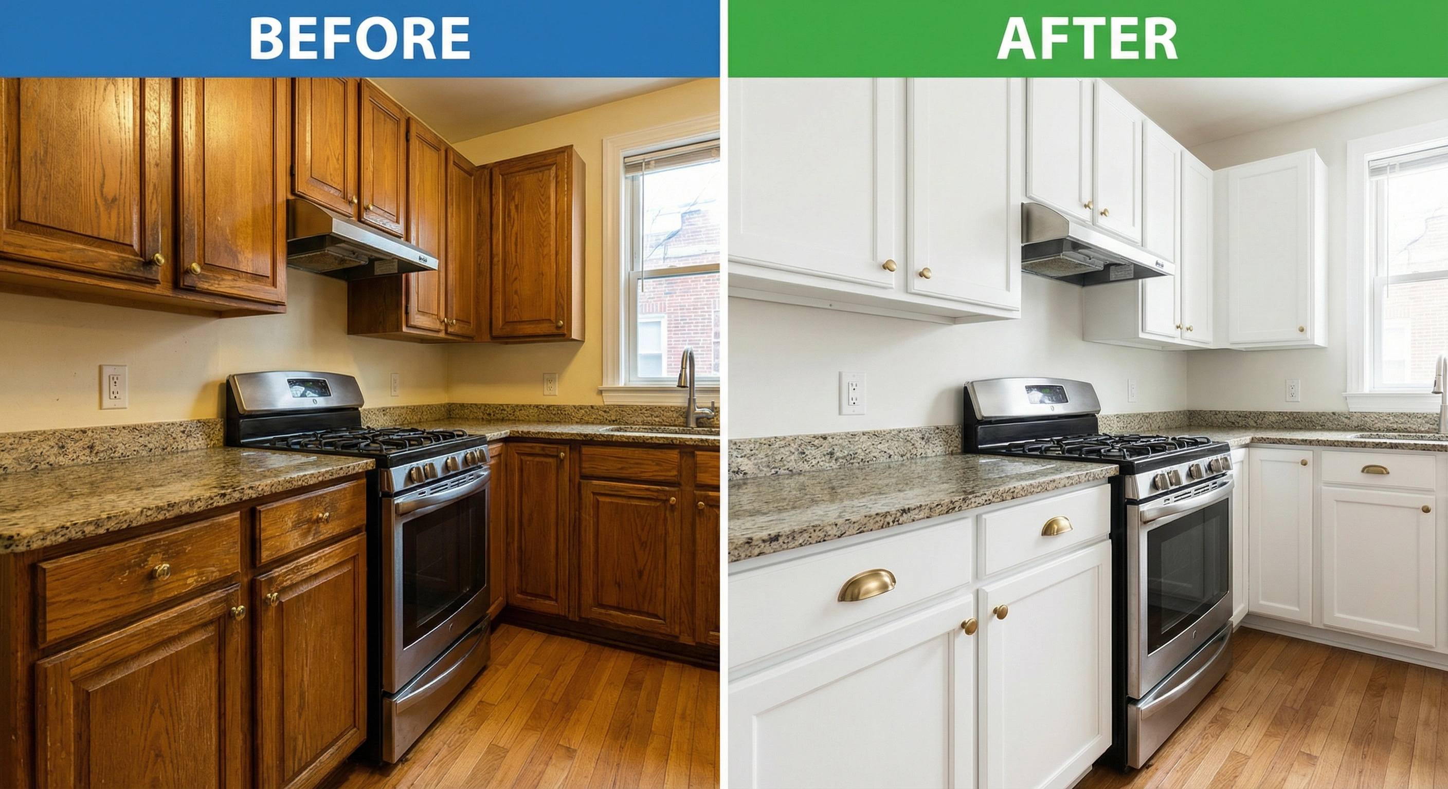 Before and after kitchen cabinet refinishing in Washington DC by Painters DC