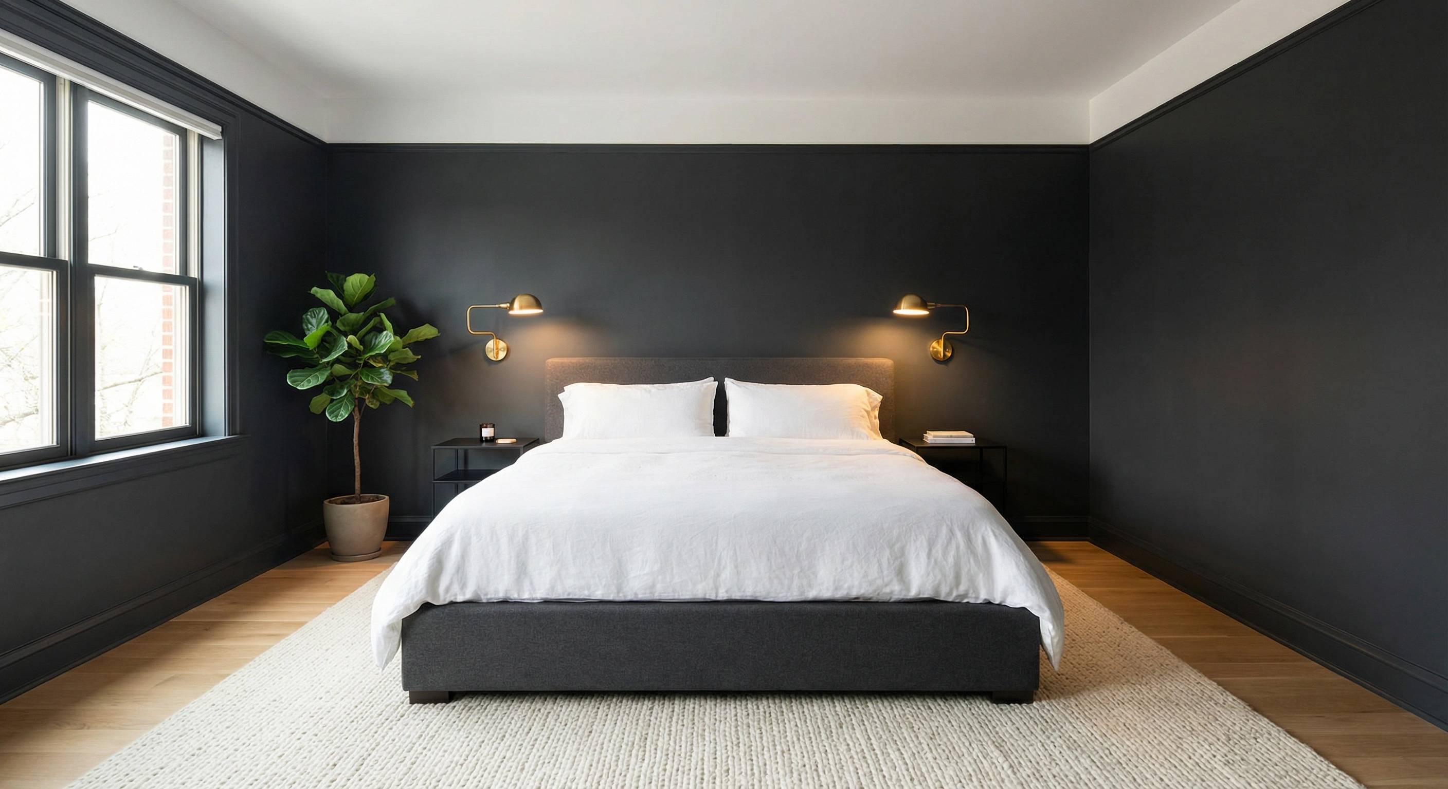 Modern Washington DC bedroom with deep charcoal walls and crisp white ceiling by Painters DC