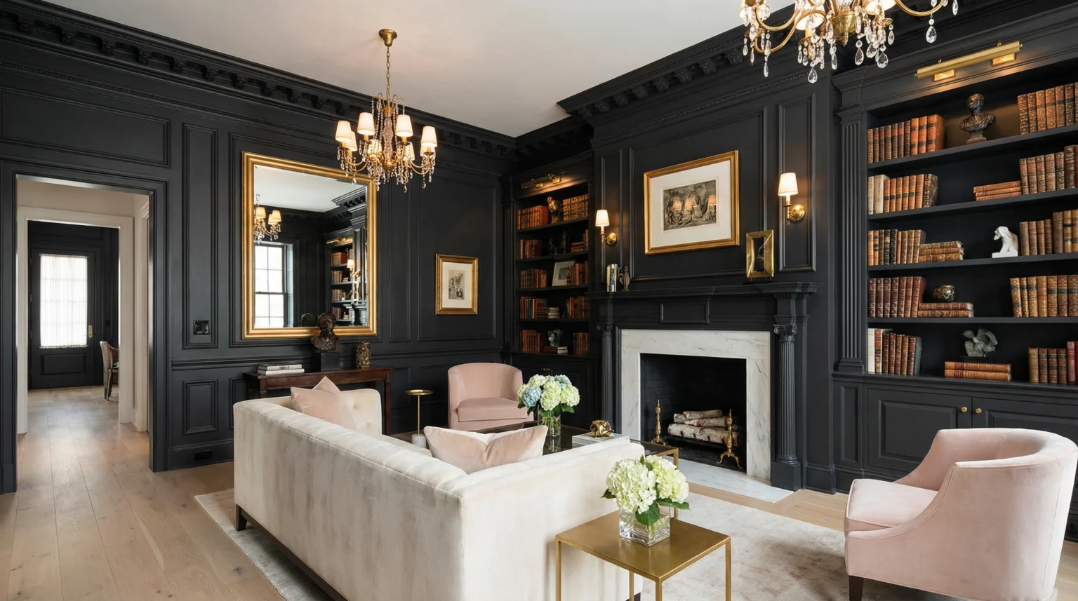 Premium interior painting in a Washington DC home with charcoal walls, wainscoting, and crown