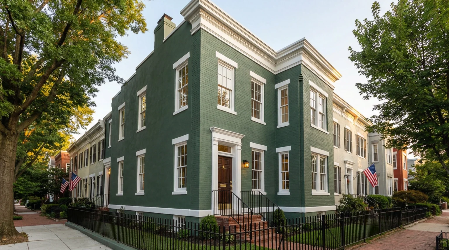 Freshly painted Washington DC row house exterior by Painters DC — sage green siding with