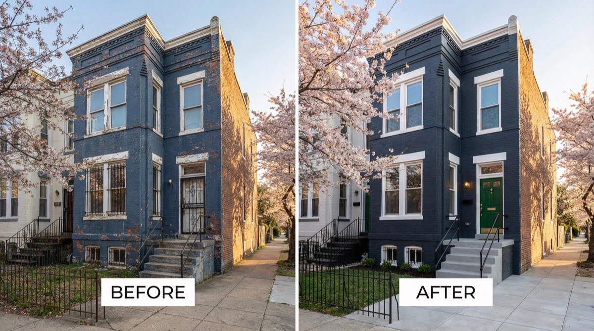 Before and after exterior painting on a Capitol Hill DC brick row house — faded navy to deep