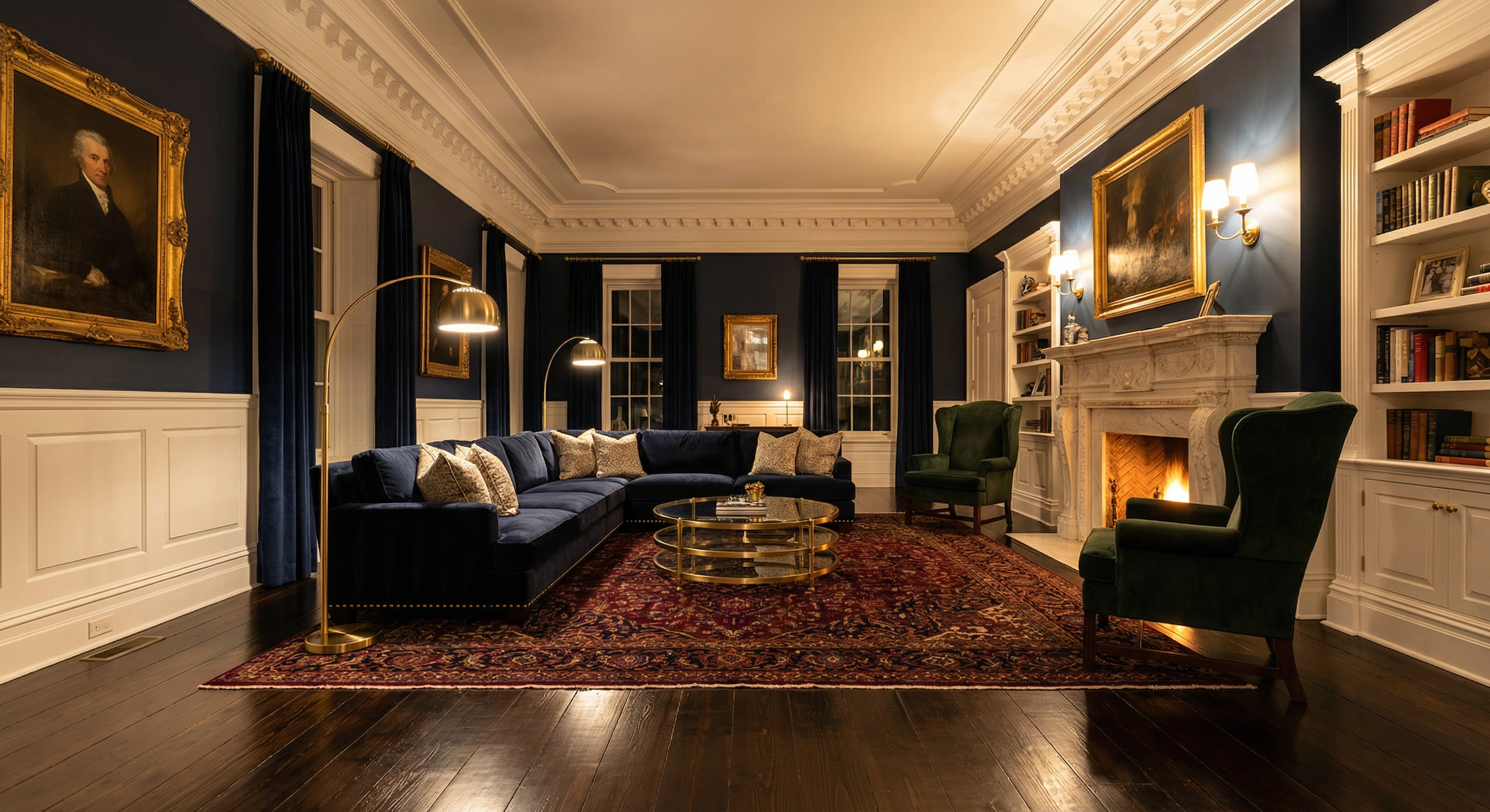 Elegant Washington DC living room with crown molding, wainscoting, and premium trim work by Painters DC