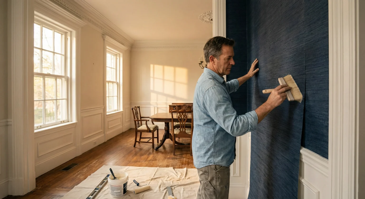 Professional grasscloth wallpaper installation in a Georgetown Washington DC dining room by Painters DC