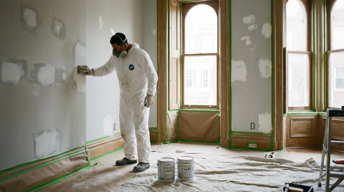 Professional painter completing meticulous prep work — plaster patching, masking, and priming
