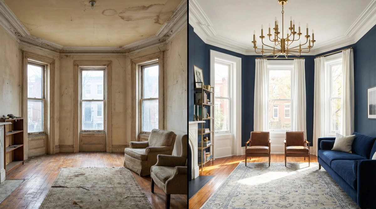 Before and after — Capitol Hill DC row house interior repaint by Painters DC — plaster walls and