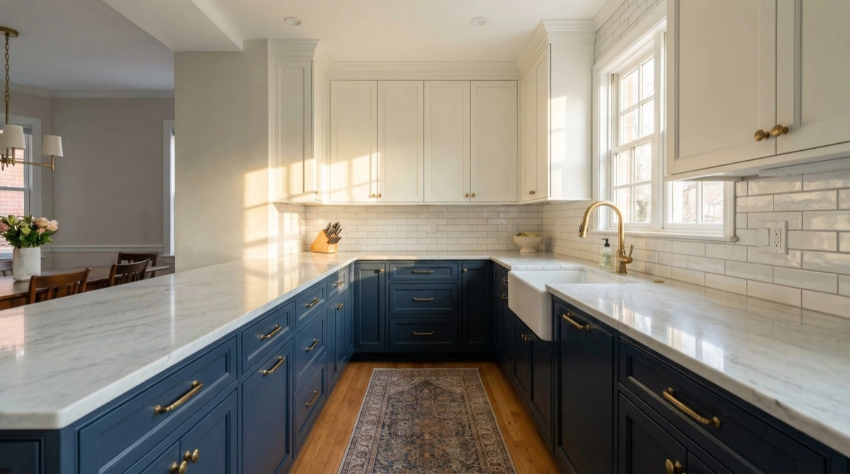 Kitchen cabinet repaint by Painters DC — Benjamin Moore White Dove uppers and Hale Navy