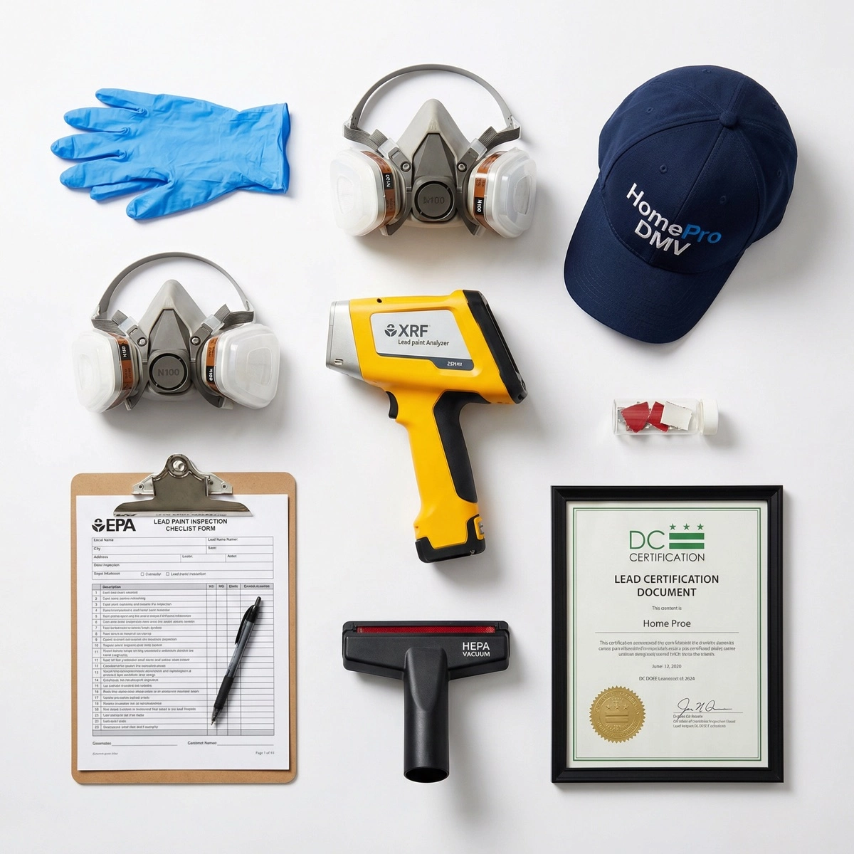 EPA lead paint safety tools and equipment — XRF device, N100 respirator, HEPA vacuum, inspection