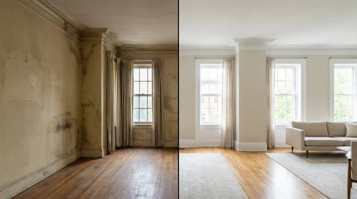 Before and after interior painting transformation in a Washington DC Federal row house living room