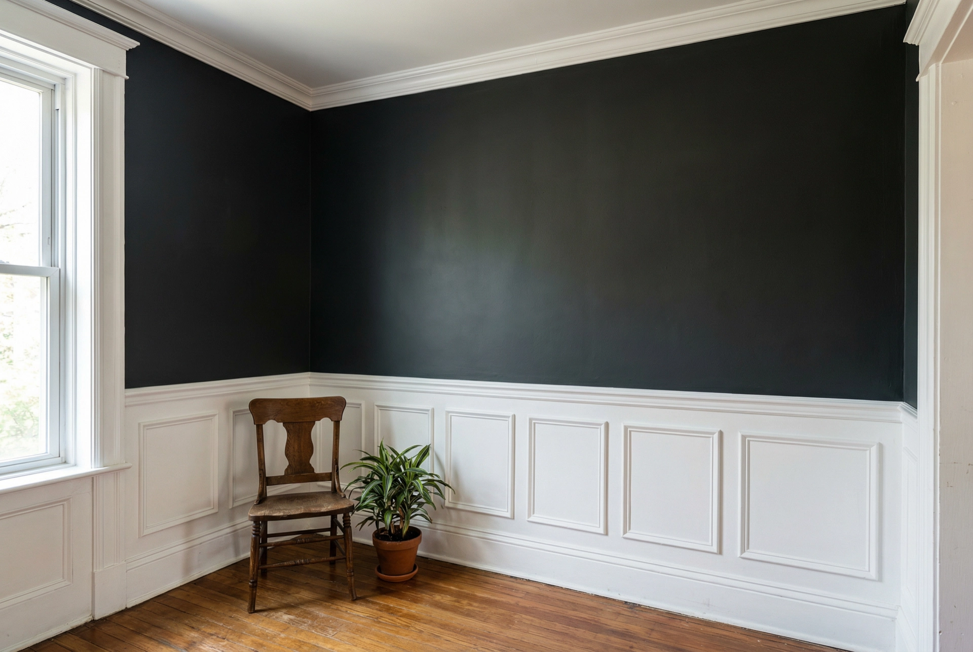 Coordinated trim: baseboards + crown + wainscoting — all one white, one finish, proportional