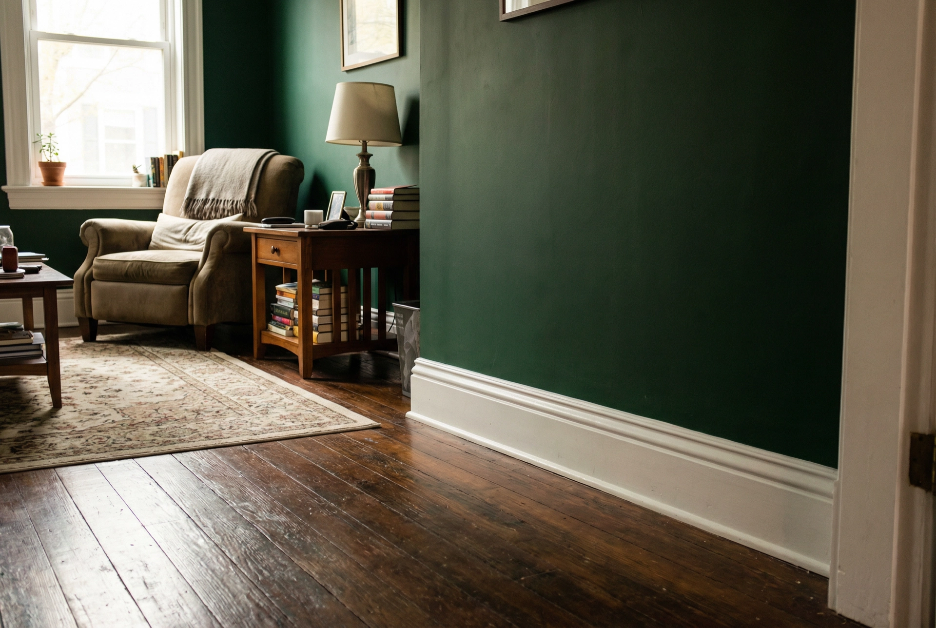 Crisp white baseboards against deep green walls — the contrast that grounds the room