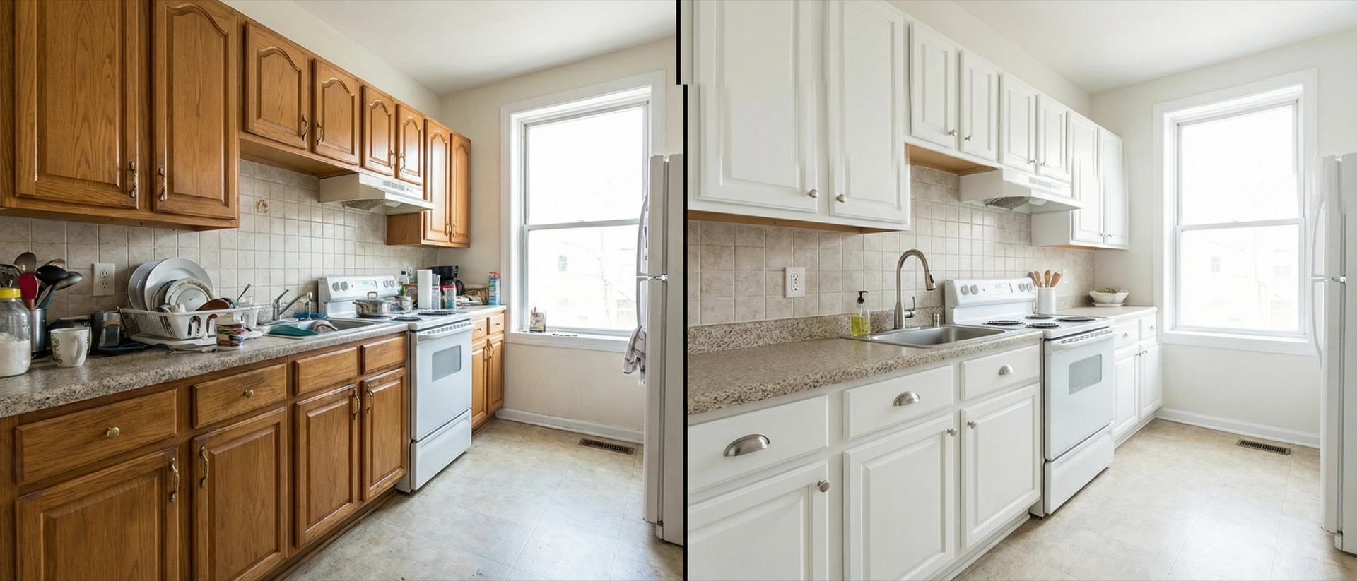 Before after kitchen cabinet painting DC row house — 1990s honey oak to BM Simply White with
