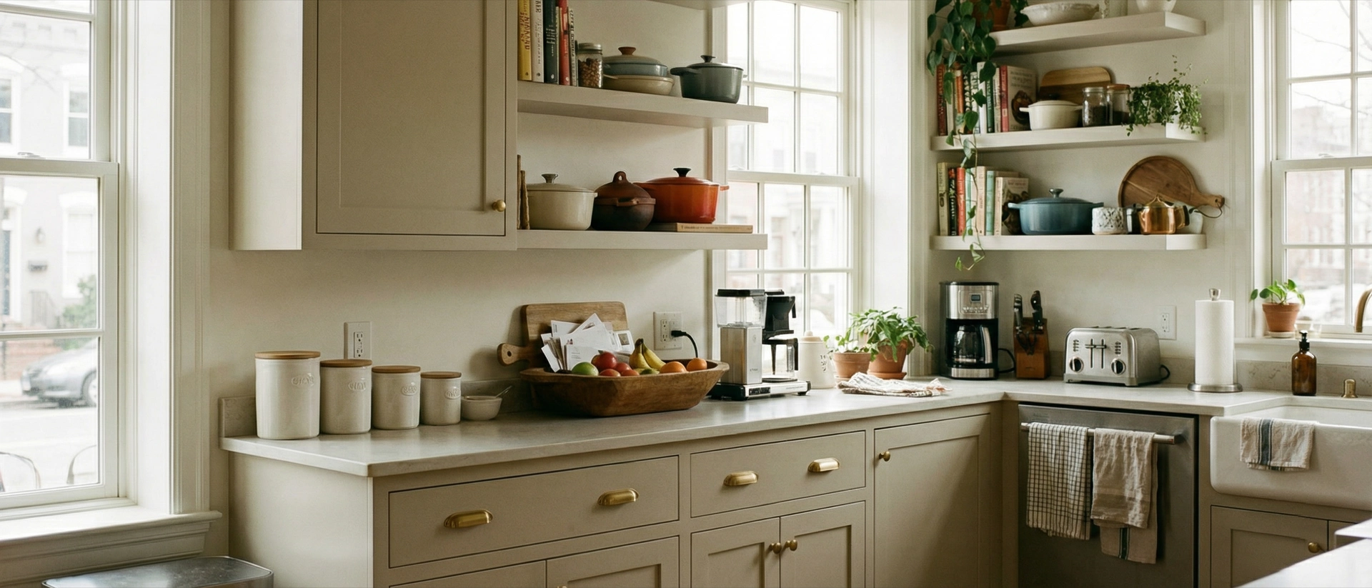 Revere Pewter — shown here on walls — is equally stunning on cabinets for a warm, collected, tonal