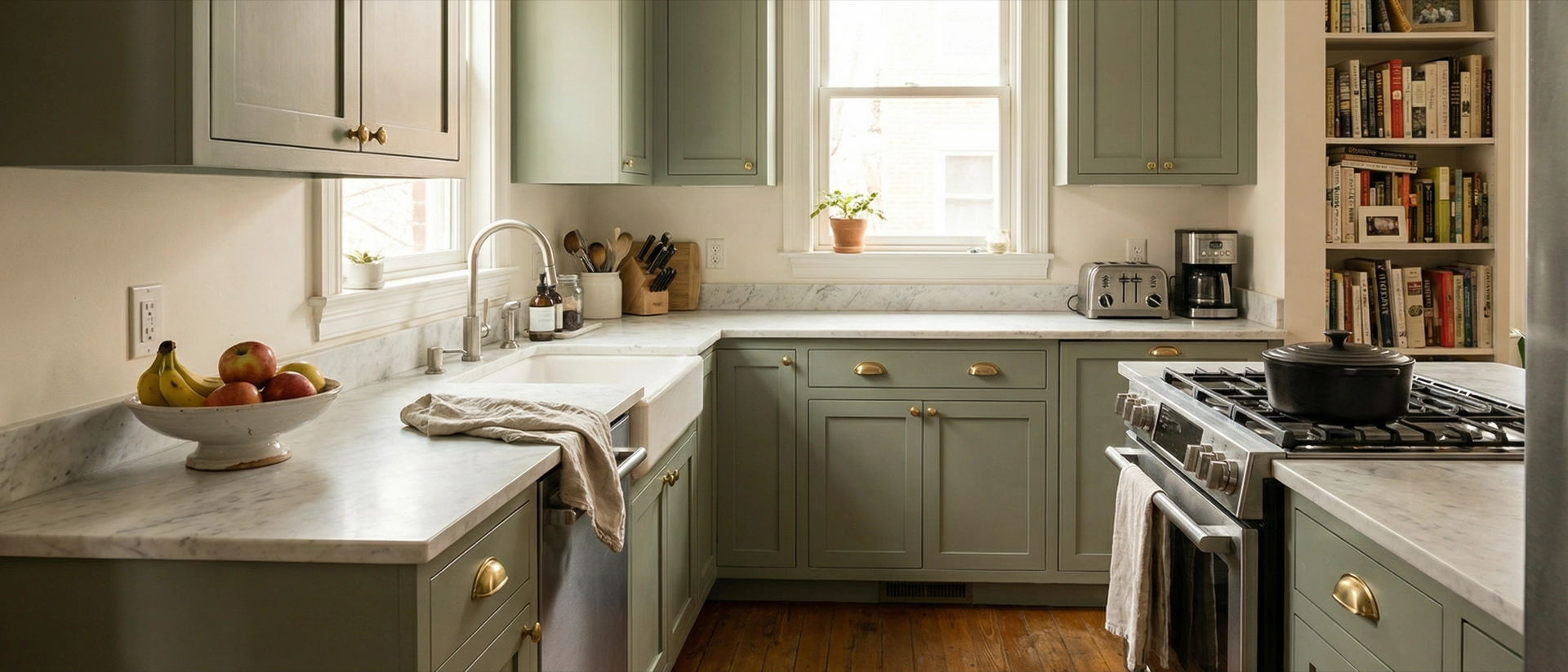 BM Cushing Green cabinets — sage green with brass pulls and marble counters: the 2026 DC kitchen
