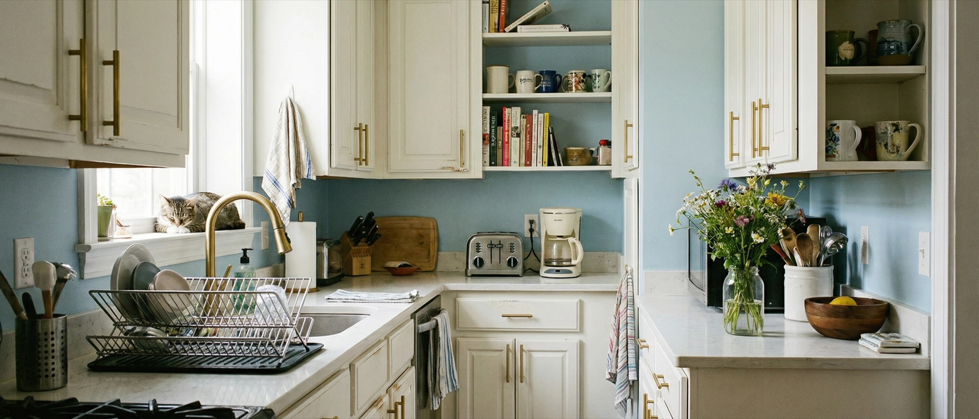 Simply White cabinets in a bright DC kitchen — warm, clean, universally appealing against soft blue