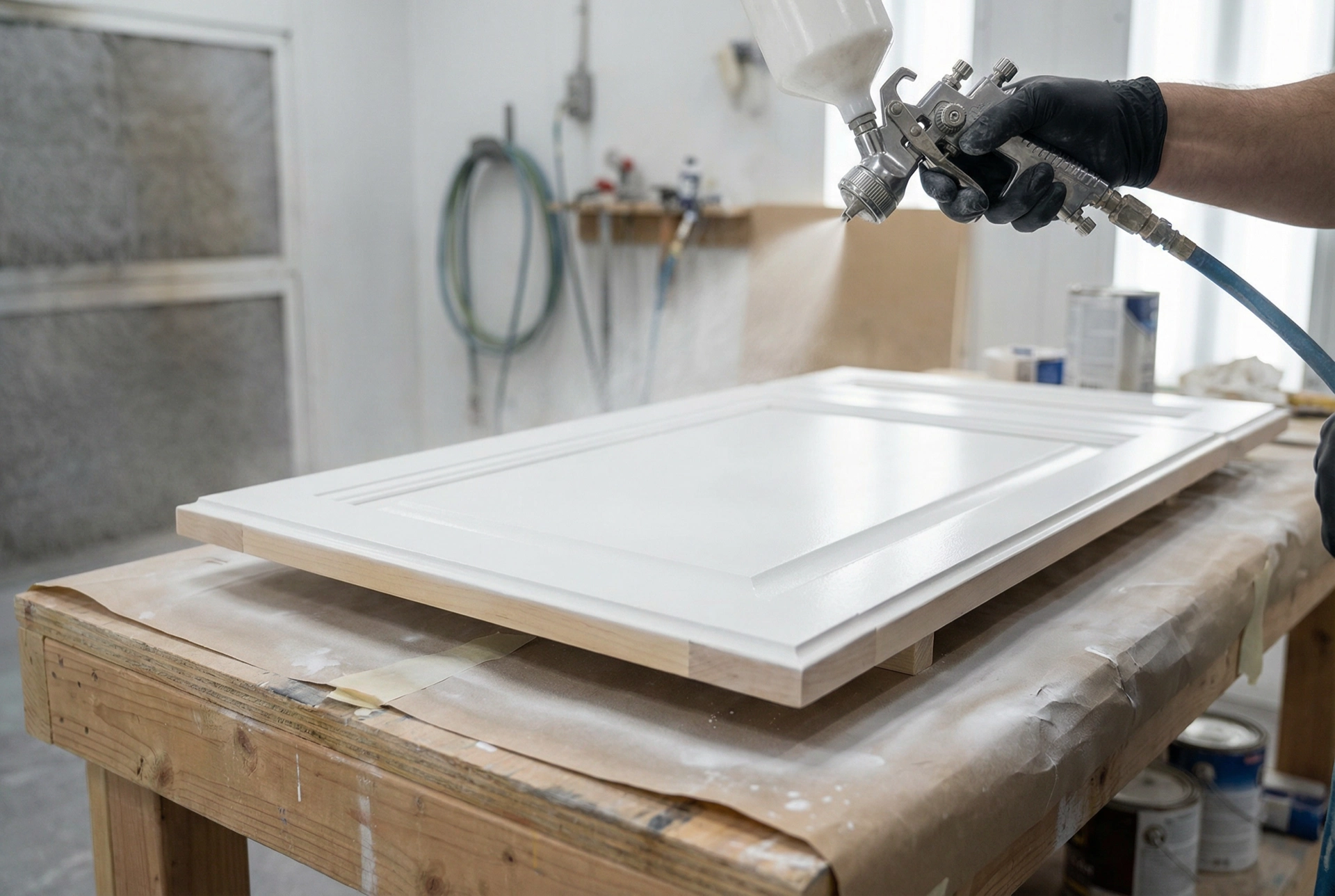 Professional HVLP spray gun applying factory-smooth satin white coat to a shaker cabinet door panel