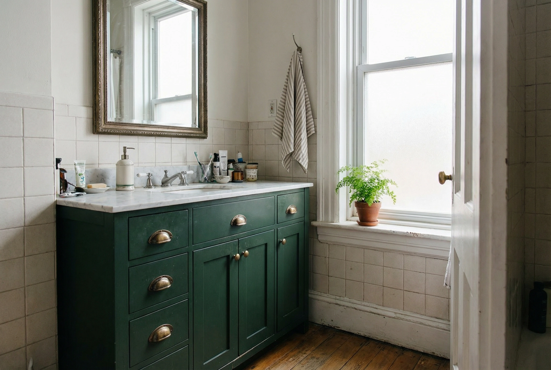 Bathroom vanity cabinet painting in a Capitol Hill DC Victorian rowhouse — deep forest green spray