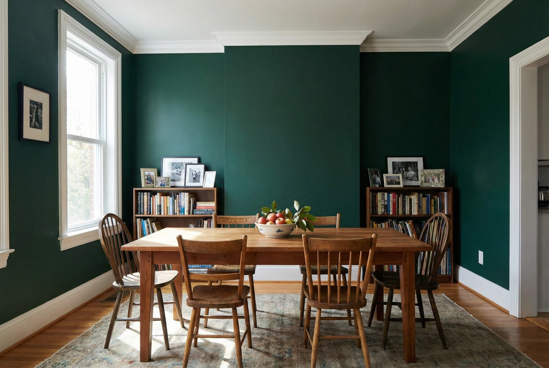 Washington DC dining room painted Narragansett Green with white crown molding — best green paint