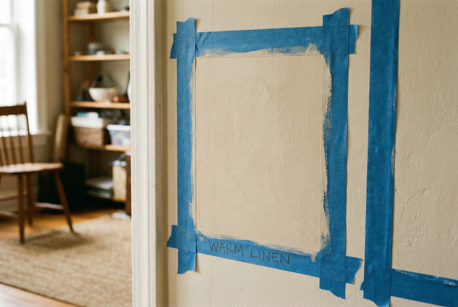 Professional tips for painting dark rooms — large paint sample on a north-facing wall showing how