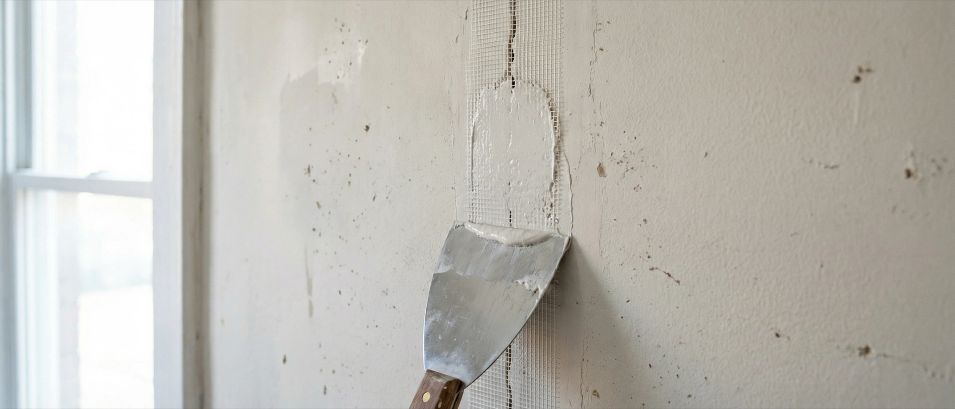 Professional patching drywall with compound and mesh tape — isolated crack repair in Washington DC home Professional patching drywall with compound and mesh tape — isolated crack repair in Washington DC