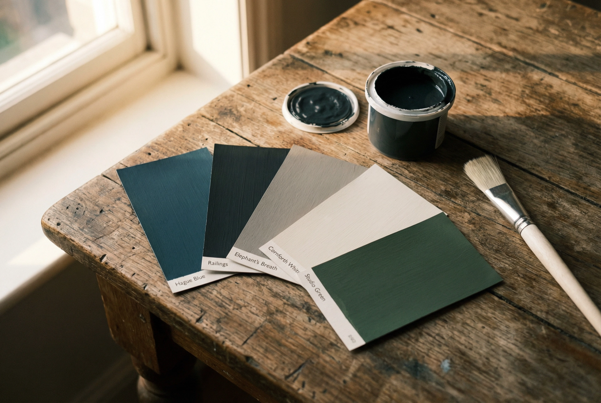 Farrow and Ball FAQ — paint samples showing Hague Blue Railings and Elephants Breath by Painters DC
