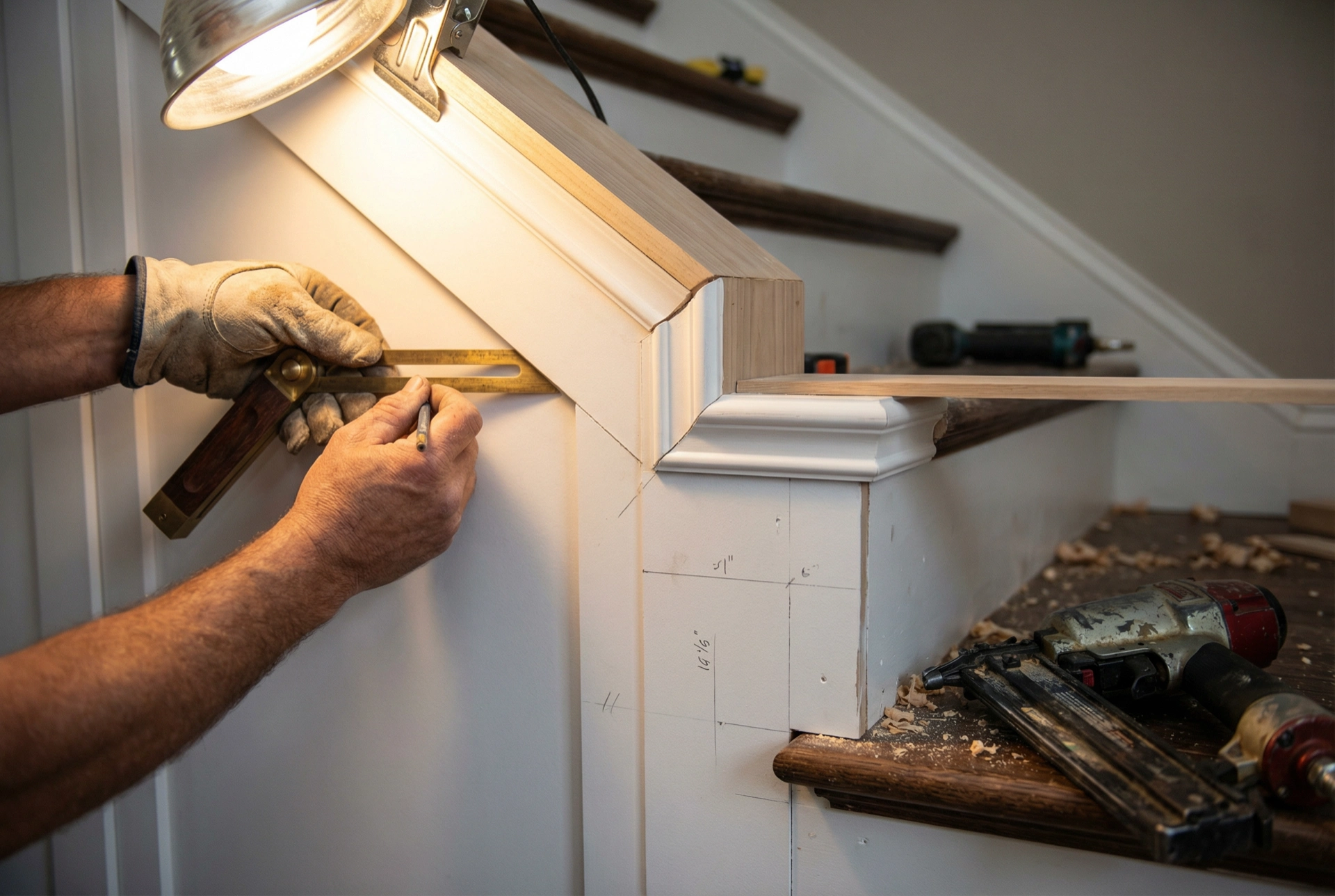 Staircase wainscoting raking technique — chair rail angled to follow stair pitch by Painters DC