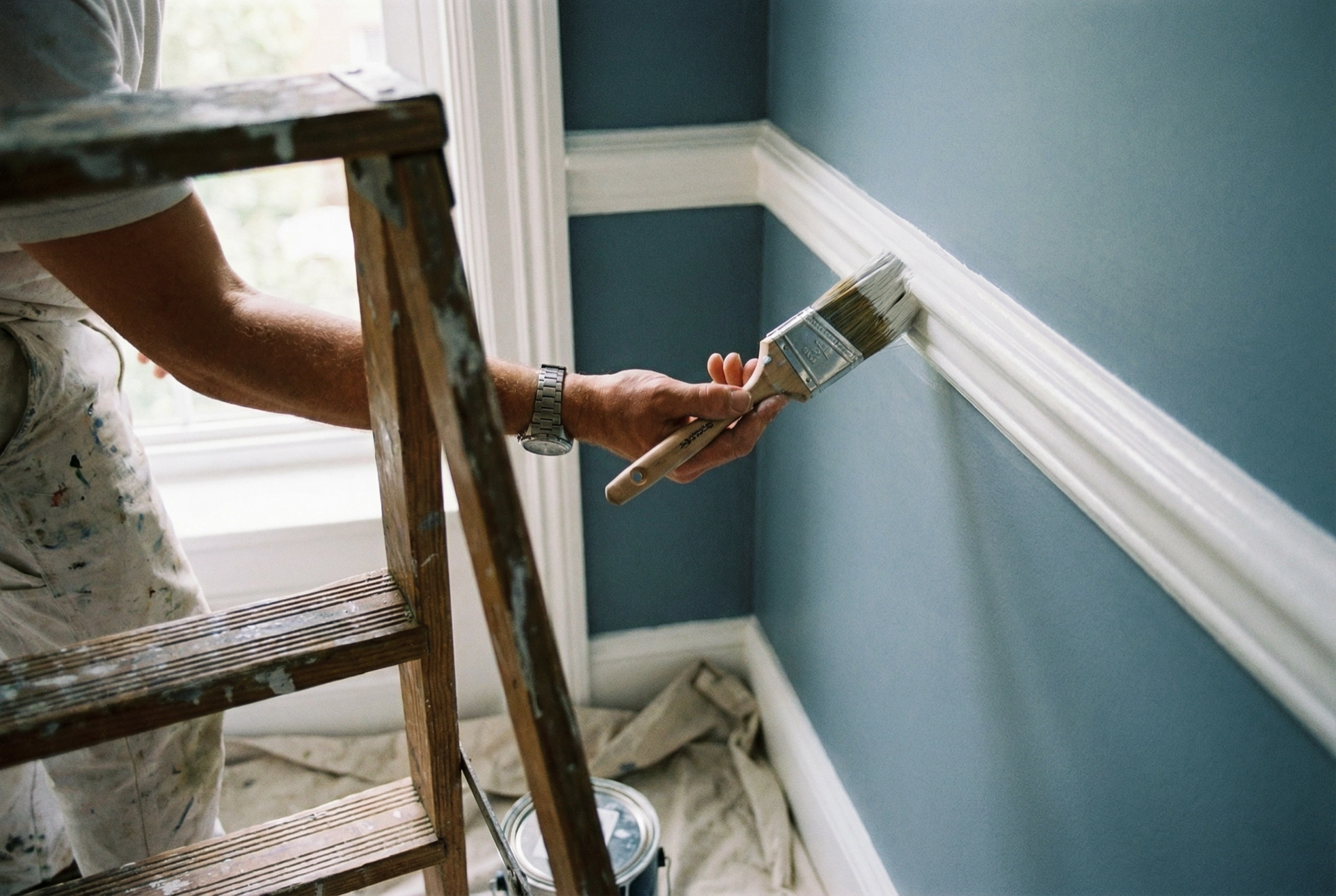 Professional painter painting trim crown molding in Washington DC home showing 8 factors affecting