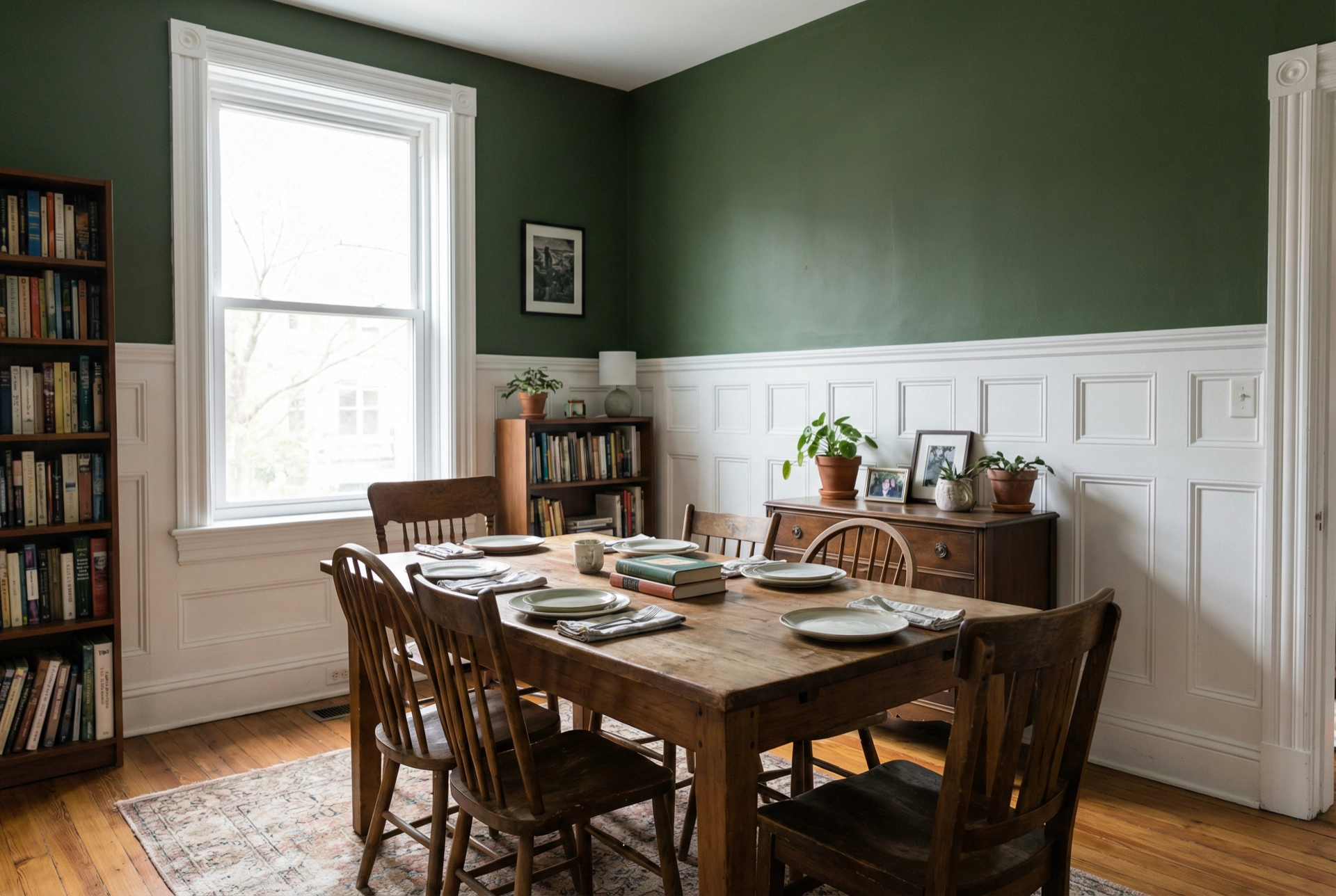 Professional wainscoting finished in Washington DC dining room — deep green with perfectly