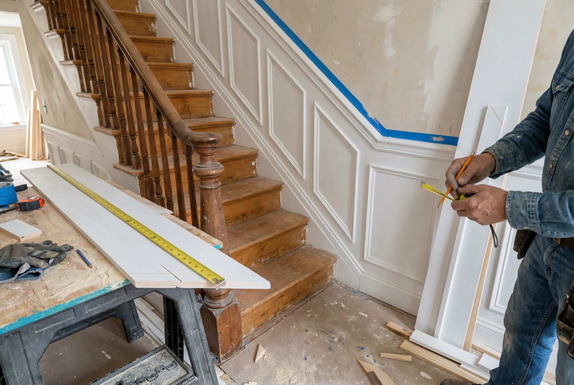 Professional wainscoting stairway installation DC — angled panels and complex joints by Painters DC