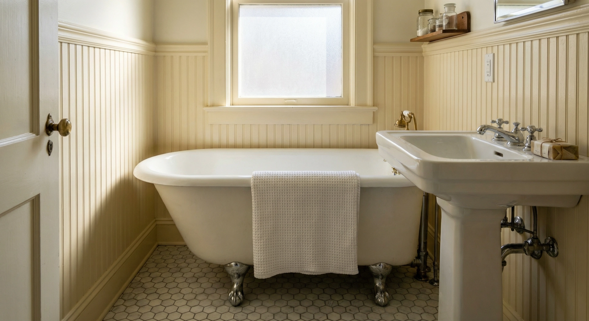 Beadboard wainscoting in a DC bathroom with blue walls and white semi-gloss panels by Painters DC