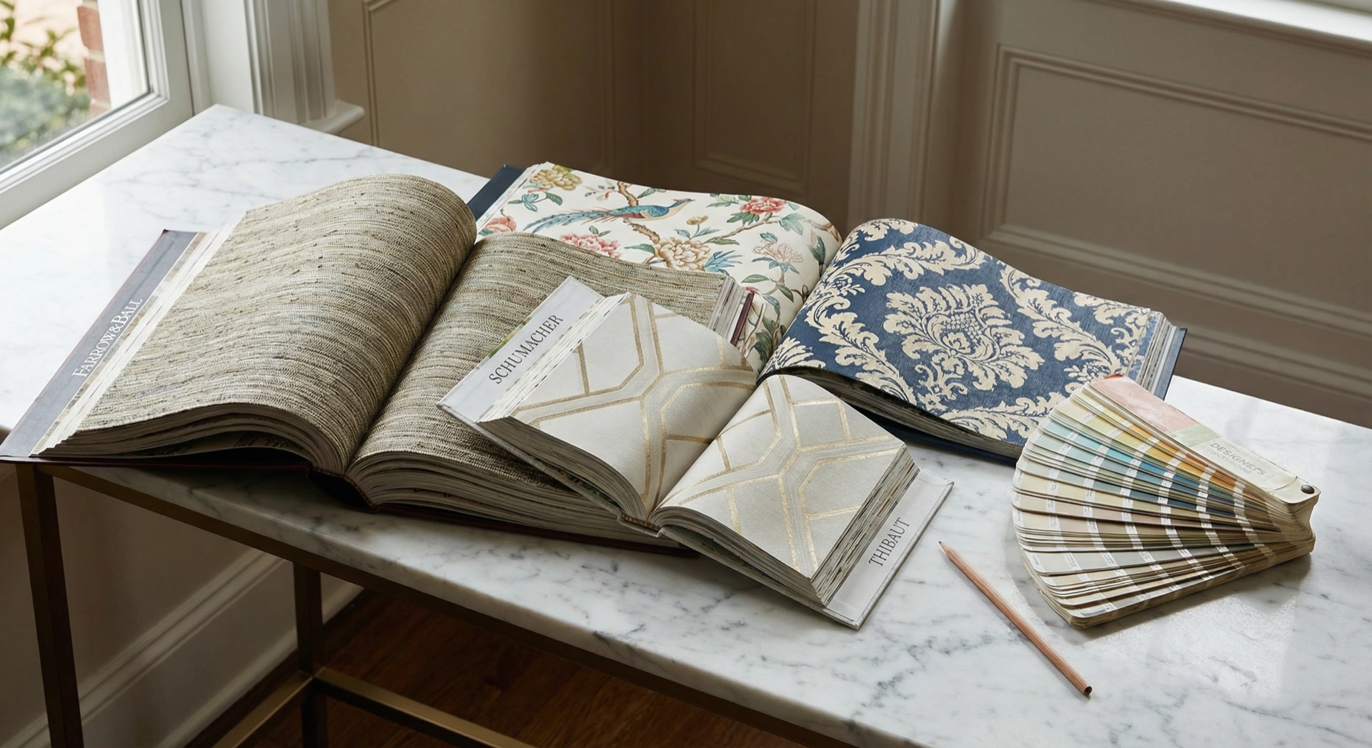 Wallpaper brand samples from Farrow and Ball, Schumacher, Cole and Son, and York for Washington DC