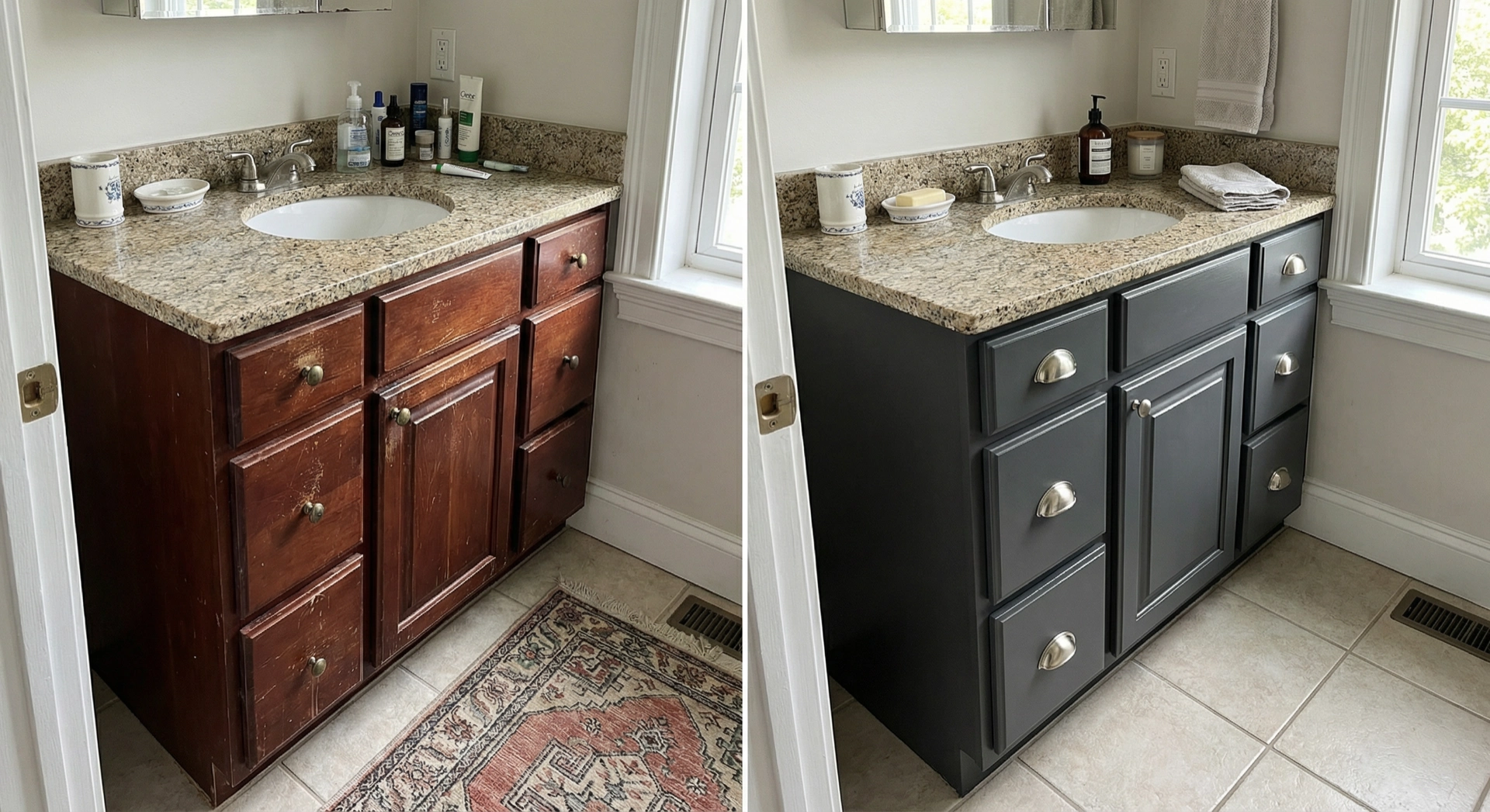 Bathroom vanity cabinet refinishing before and after in Georgetown DC showing cherry to Wrought Iron
