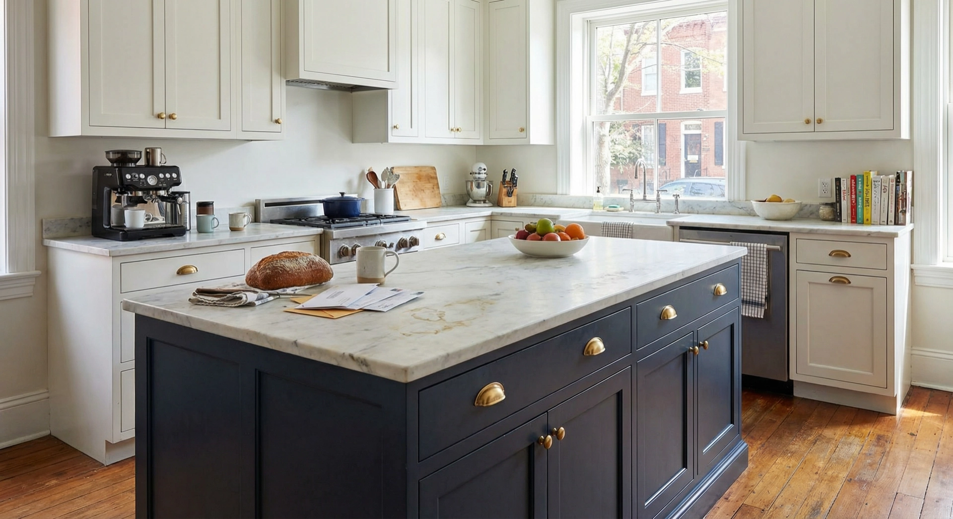 Two-tone kitchen cabinet color inspiration with brass hardware in Washington DC