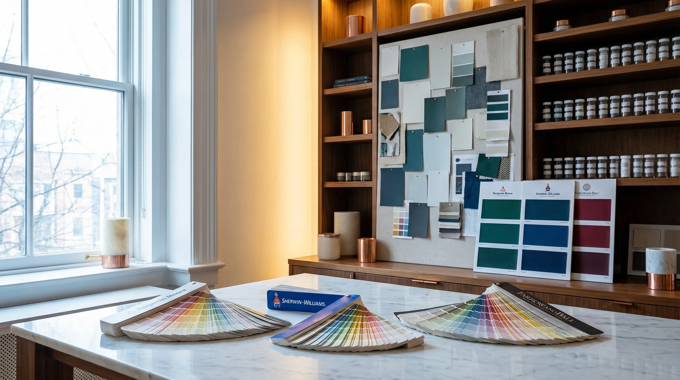 Benjamin Moore Sherwin-Williams and Farrow and Ball fan decks at Painters DC Kalorama studio
