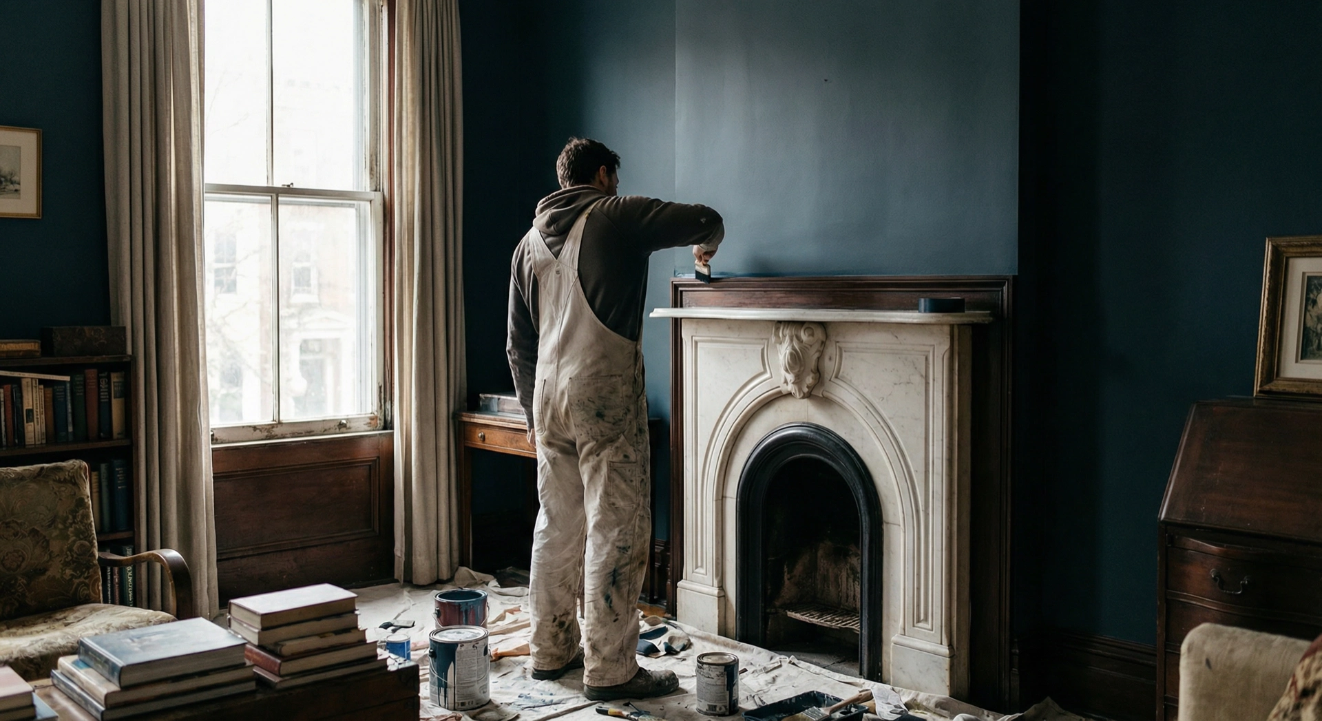 Painters Logan Circle DC working on Victorian row house interior with plaster walls and ornamental