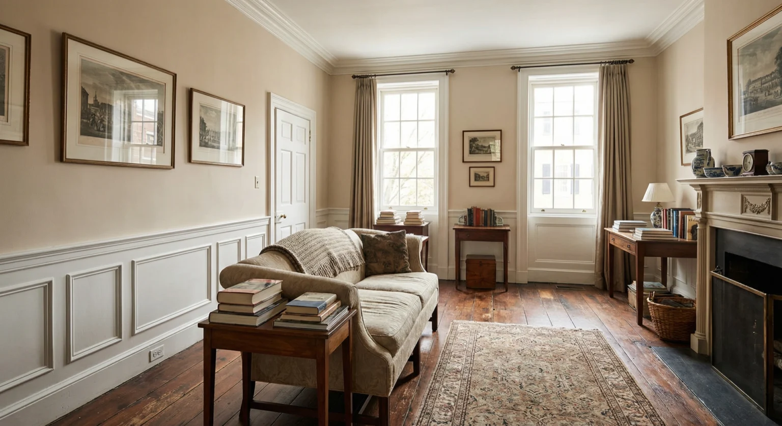 Painters Georgetown DC — luxurious Federal row house living room with custom wainscoting, crown