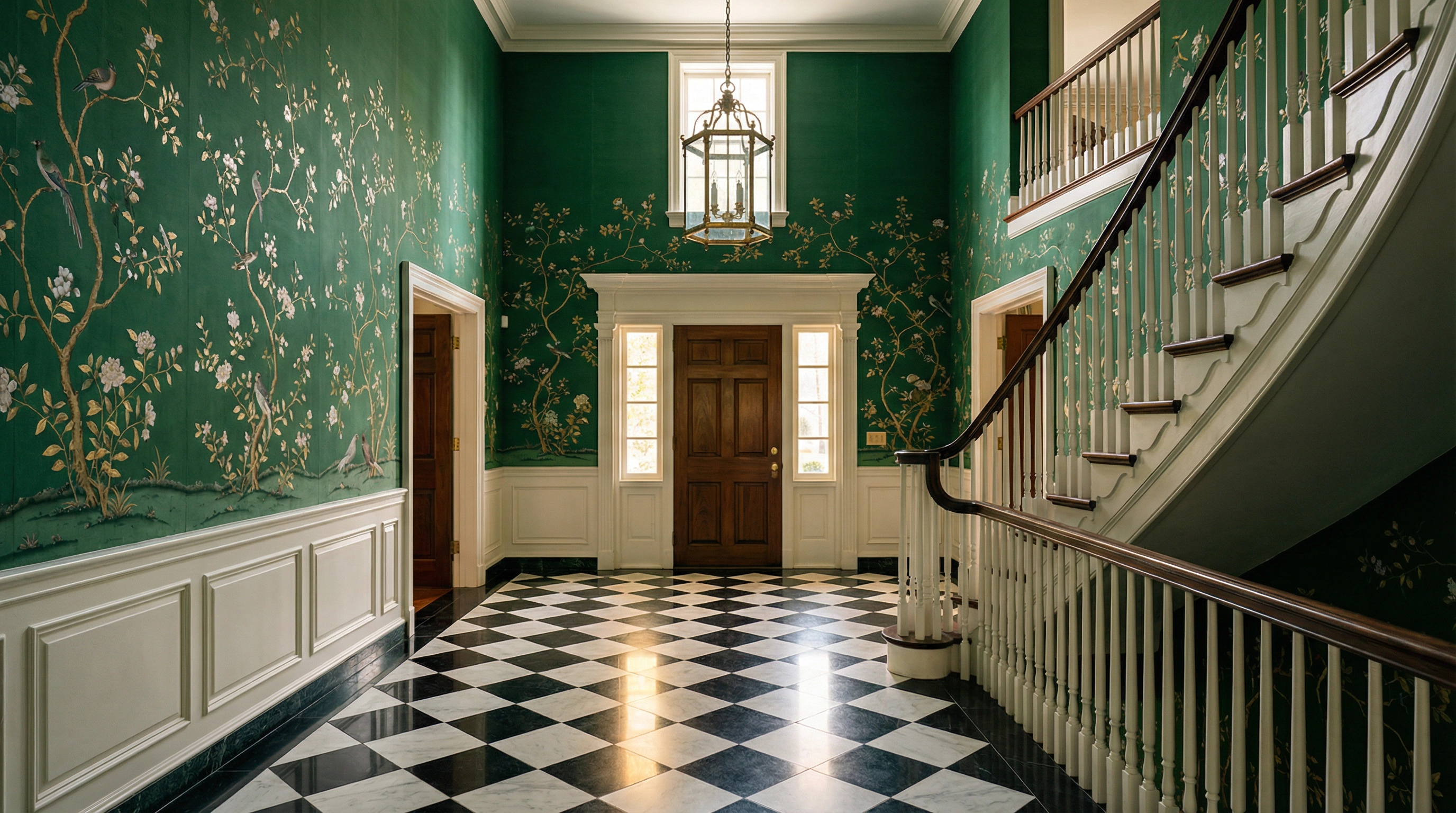 Chinoiserie wallpaper installation in a Washington DC foyer by Painters DC