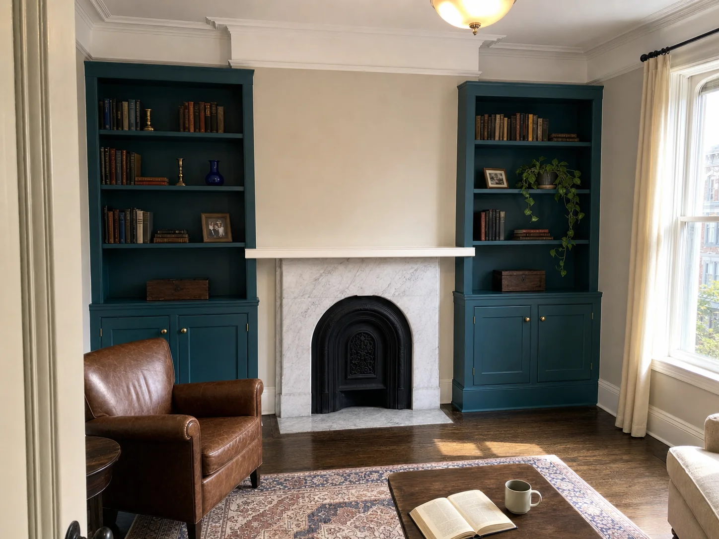 Built-in library bookcases painted a deep teal beside the marble fireplace in Logan Circle, Washington DC