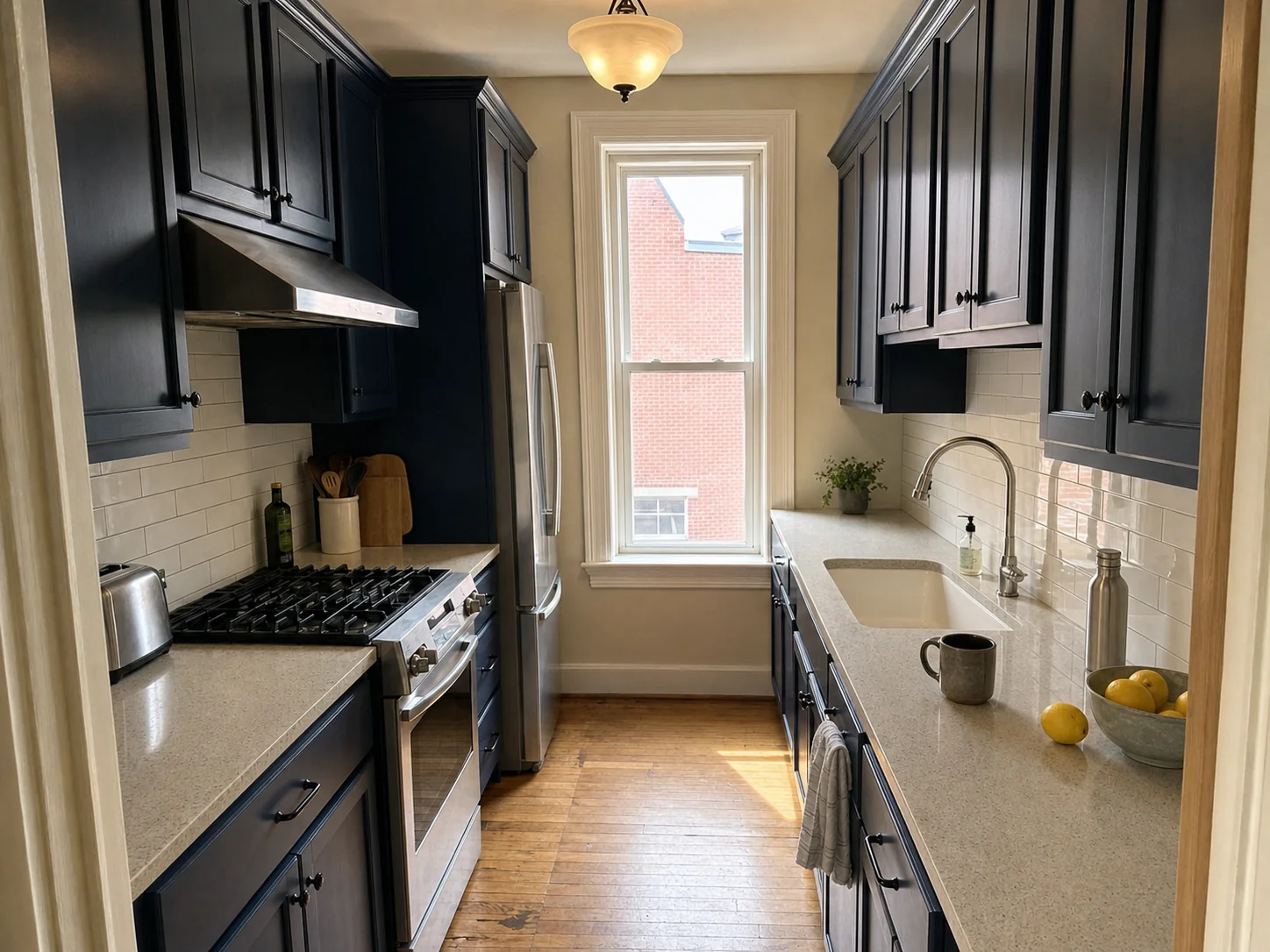 Galley kitchen cabinets painted a deep navy blue after cabinet painting in Capitol Hill, Washington DC