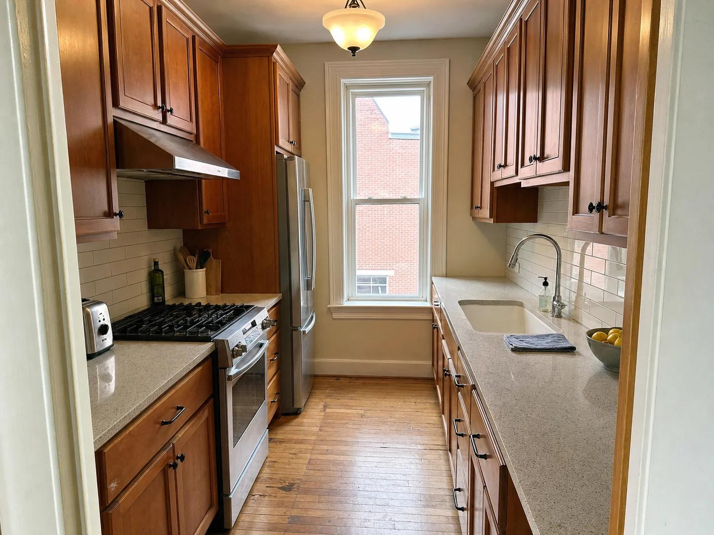 Galley kitchen with warm wood cabinets before cabinet painting in a Capitol Hill, Washington DC rowhouse