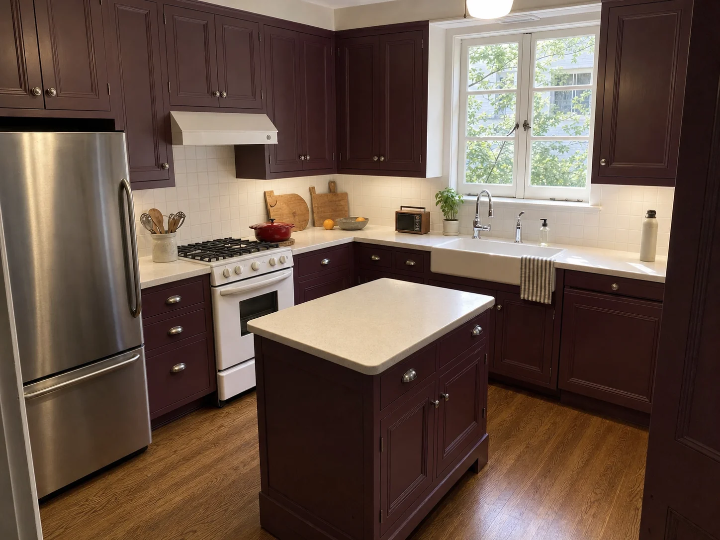 Inset-panel kitchen cabinets and island painted a deep plum after cabinet painting in Cleveland Park, Washington DC