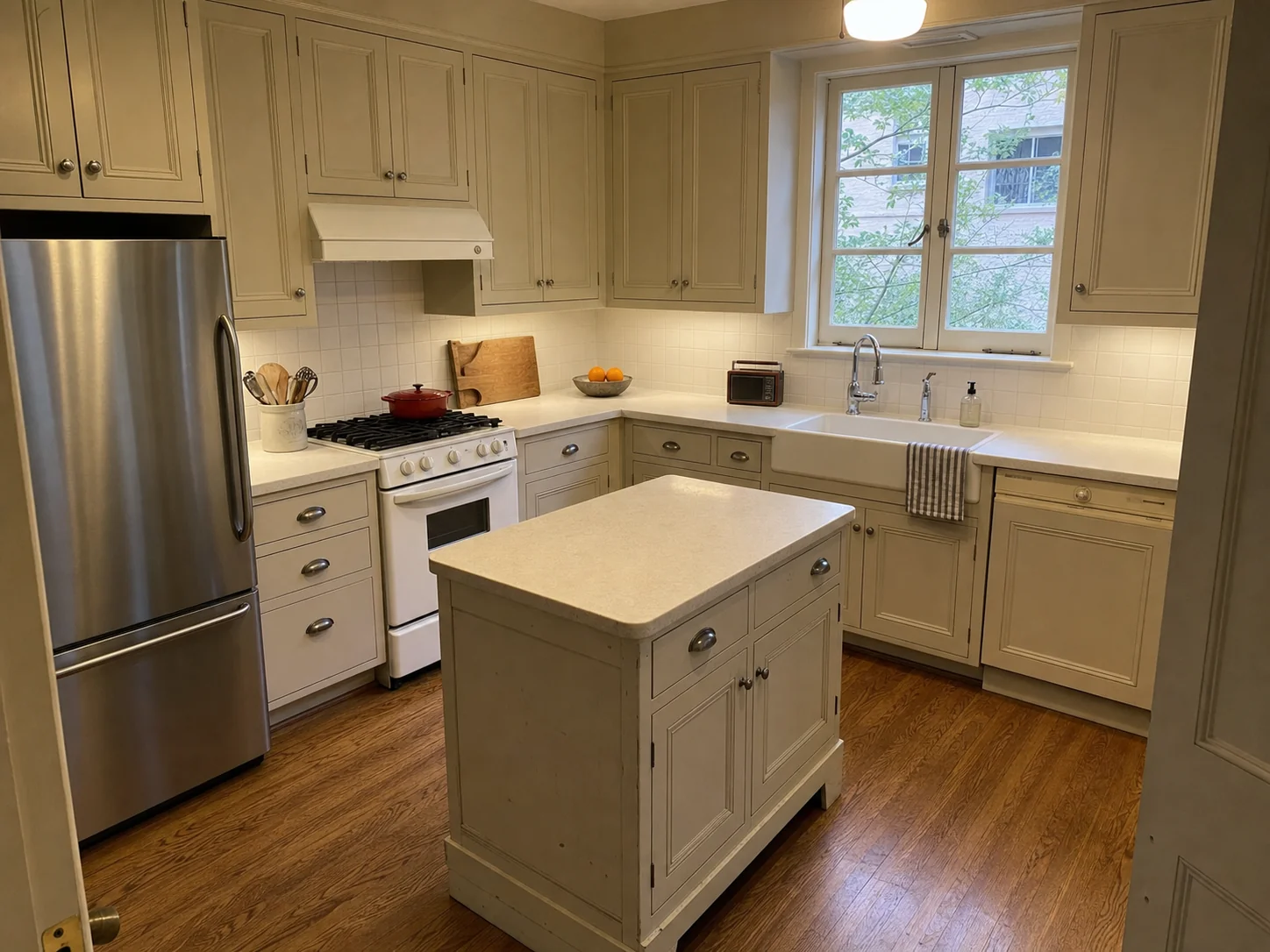 Cream inset-panel kitchen cabinets and island before cabinet painting in Cleveland Park, Washington DC