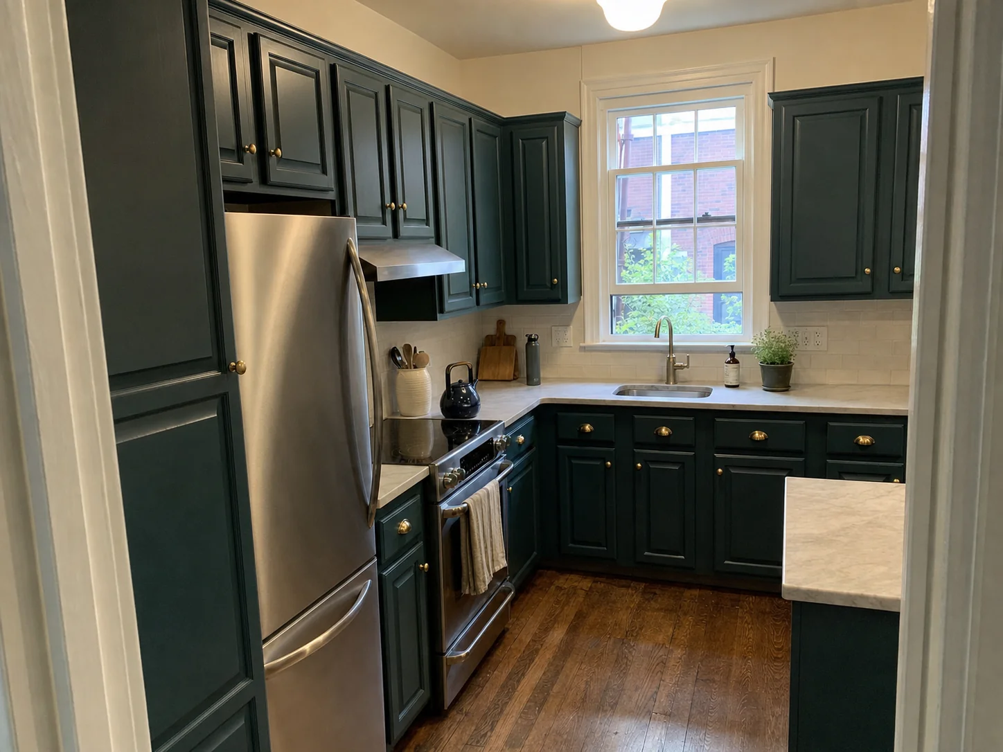 Kitchen cabinets painted a deep green with brass hardware after cabinet painting in Georgetown, Washington DC