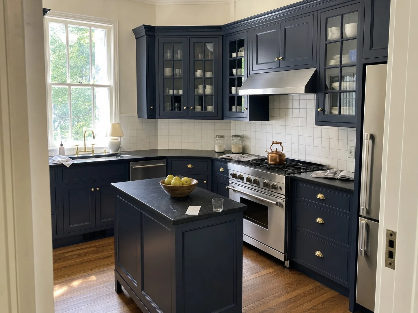 Glass-front kitchen cabinets painted a deep navy with brass cup pulls after cabinet painting in Kalorama, Washington DC
