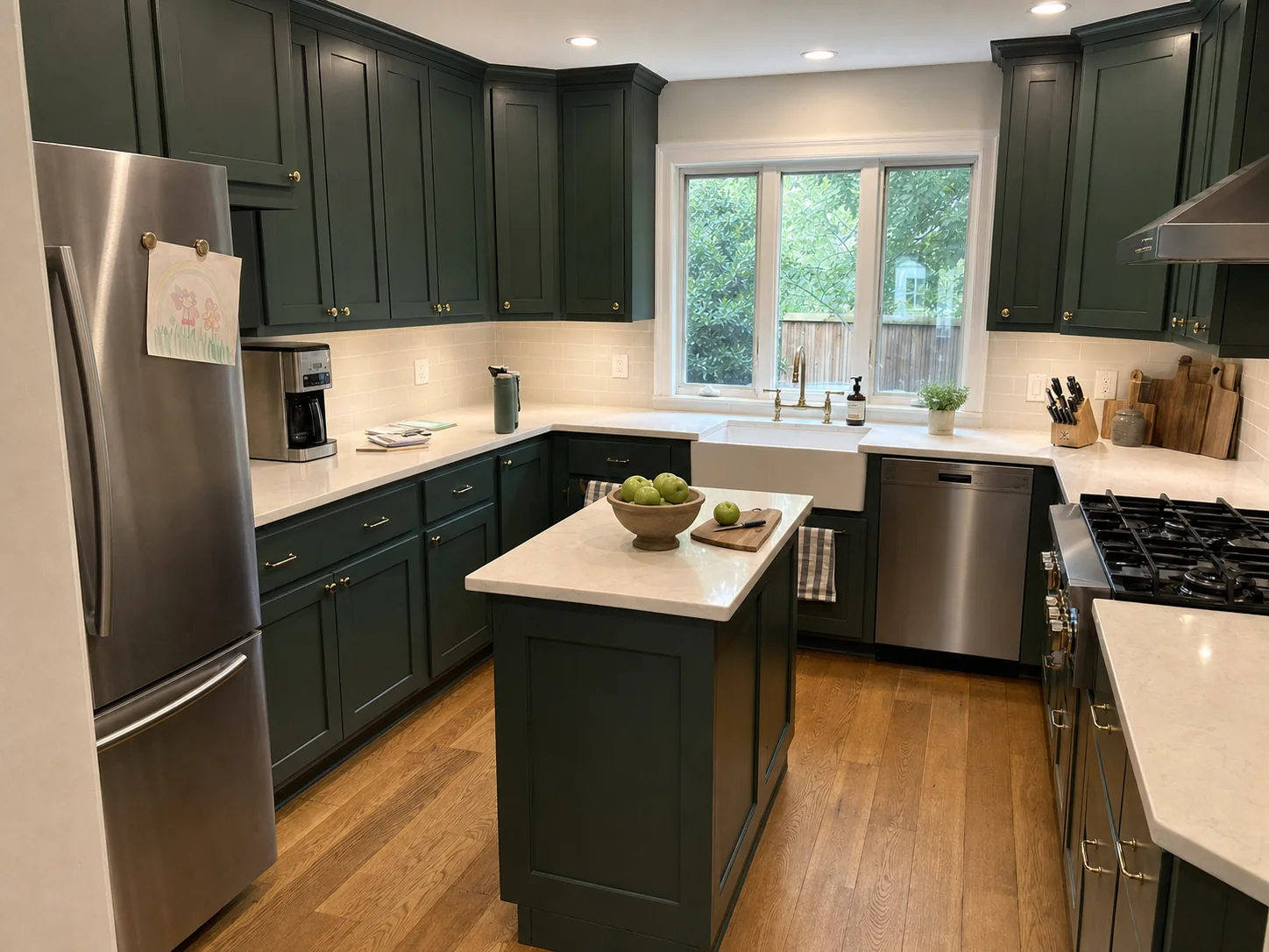 Shaker kitchen cabinets and island refinished in a deep forest green in Chevy Chase, Washington DC