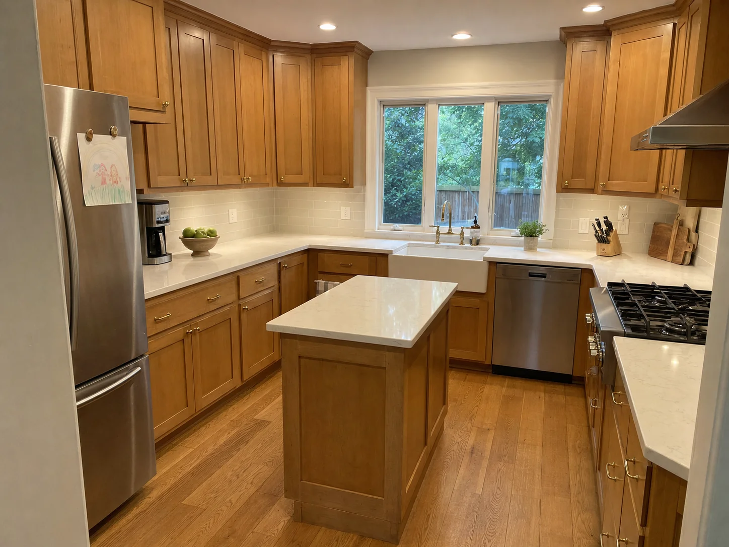 Maple shaker kitchen cabinets and island before refinishing in Chevy Chase, Washington DC