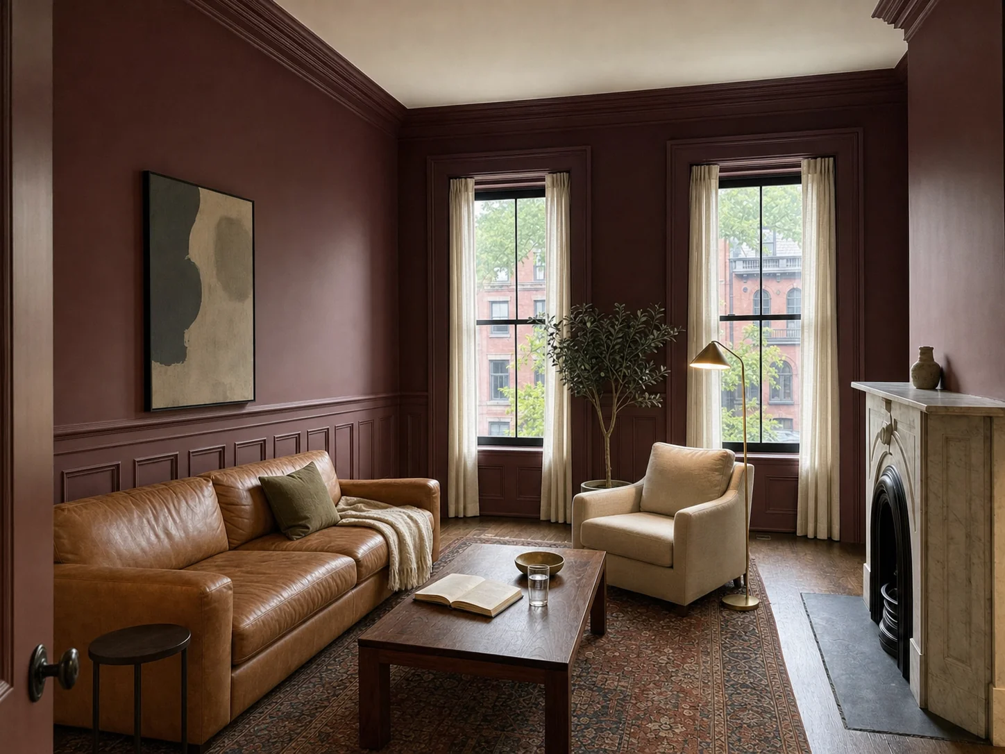 Living room walls and wainscoting painted a deep burgundy after interior painting in Capitol Hill, Washington DC