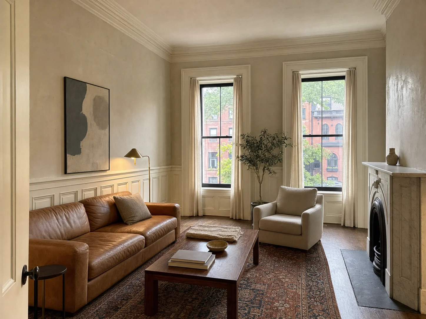 Pale living room with wainscoting and marble fireplace before interior painting in a Capitol Hill, Washington DC rowhouse
