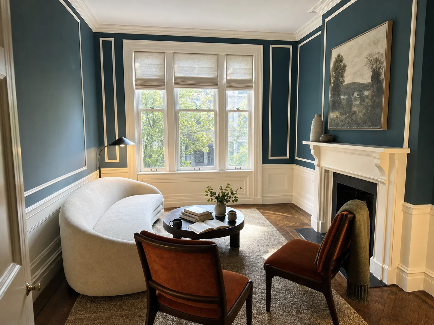 Sitting room painted a deep teal blue with crisp white trim and picture-frame moulding in Dupont Circle, Washington DC