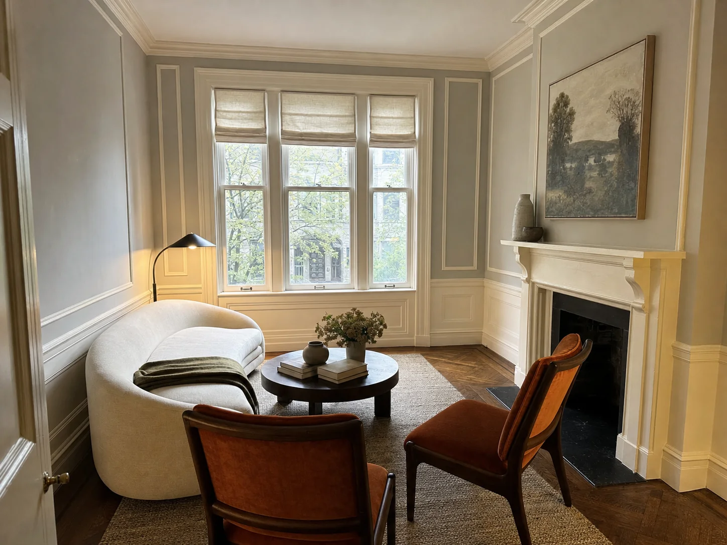 Gray-blue paneled sitting room before interior painting in a Dupont Circle, Washington DC home